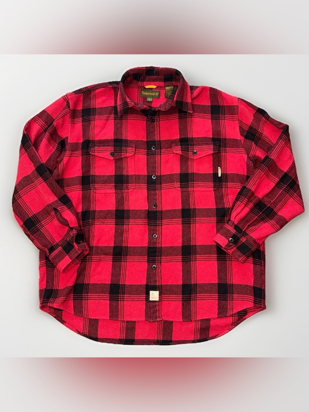 Vintage Timberland Wool Blend Flannel Shirt Red Black Plaid Boot Logo Lumberjack